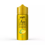 A bottle of Kingston AU Gold e-liquid with a yellow label featuring an image of a lemon and lime. The cap is gold, matching the brand name, indicating a Lemon Lime flavor.
